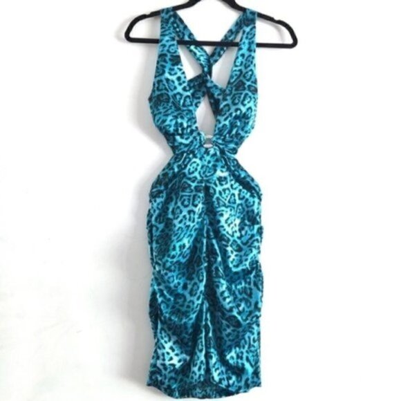 Windsor Dress S 7 (Juniors) Alison Leopard Backless Aqua Blue - Picture 1 of 13